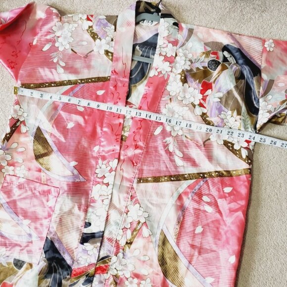Vintage Japanese Traditional Satin Cherry Blossom Geisha Open Front Kimono OS - Picture 4 of 7